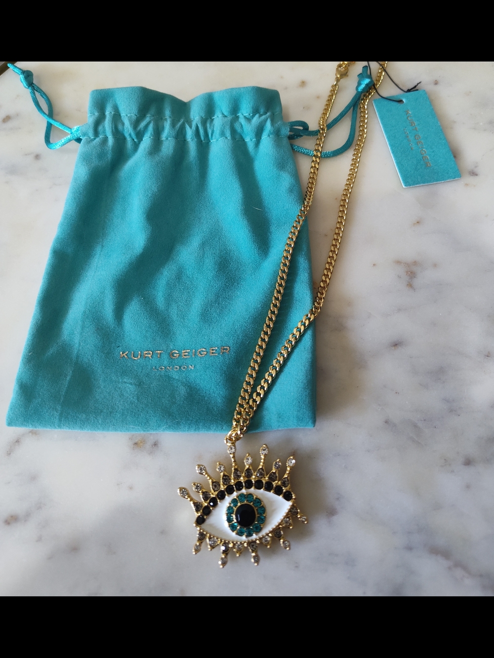 KURT GEIGER London Evil Eye Crystal Statement Necklace NWT Gold Tone w Dust Bag - Picture 2 of 7